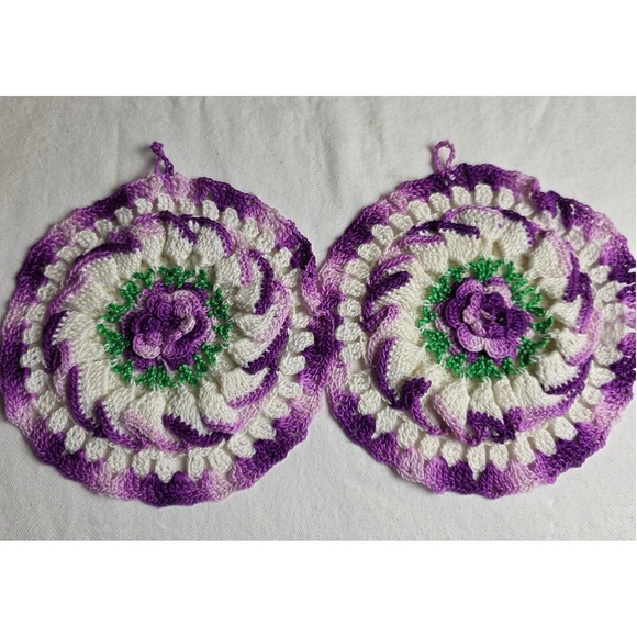 Handmade Other - Handmade Crochet Potholders Set of 2 Purple White Floral Rose Pinwheel Hot Pads